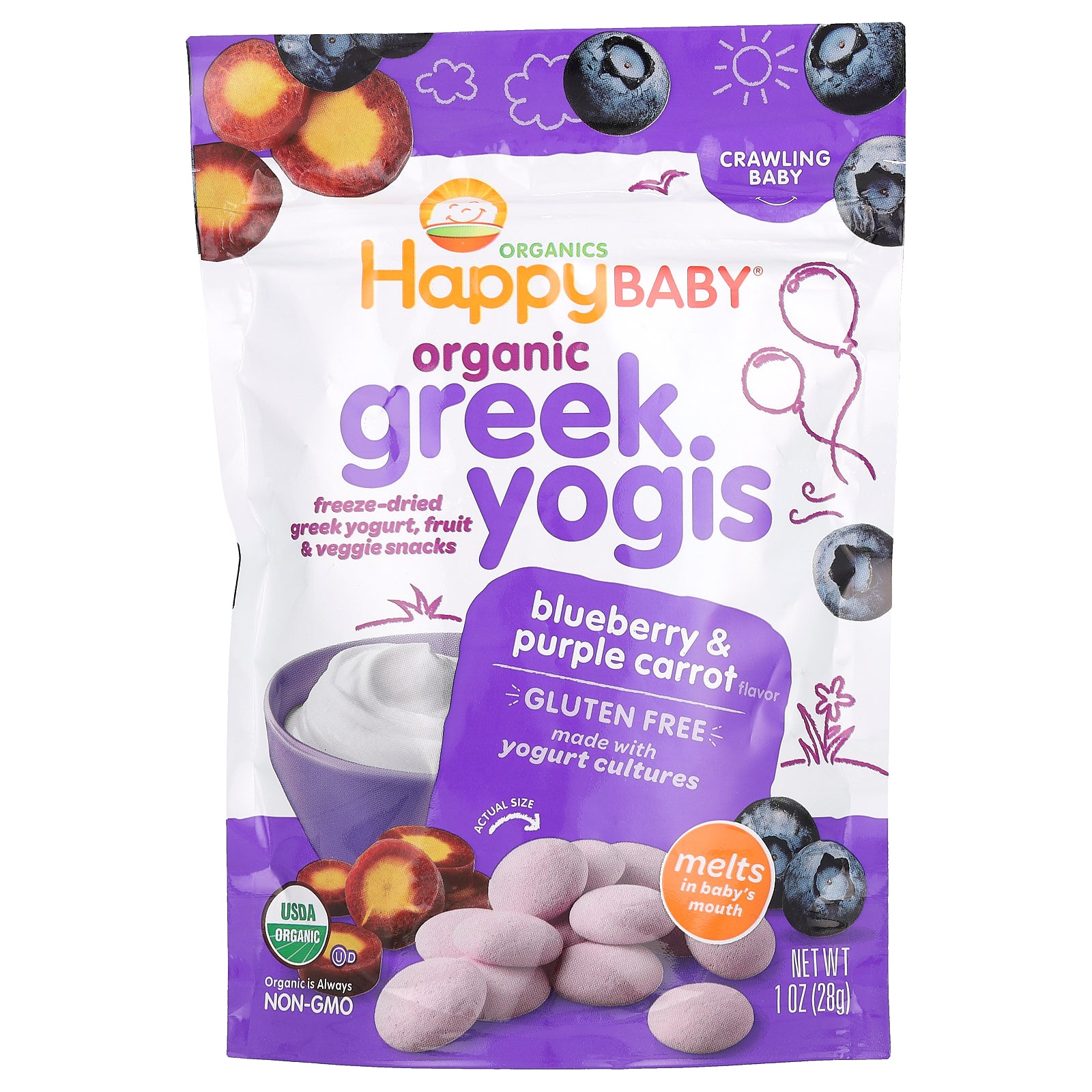 Happy Family Organics, Happy Baby, Organic Greek Yogis, Blueberry & Purple Carrot, 1 oz (28 g)