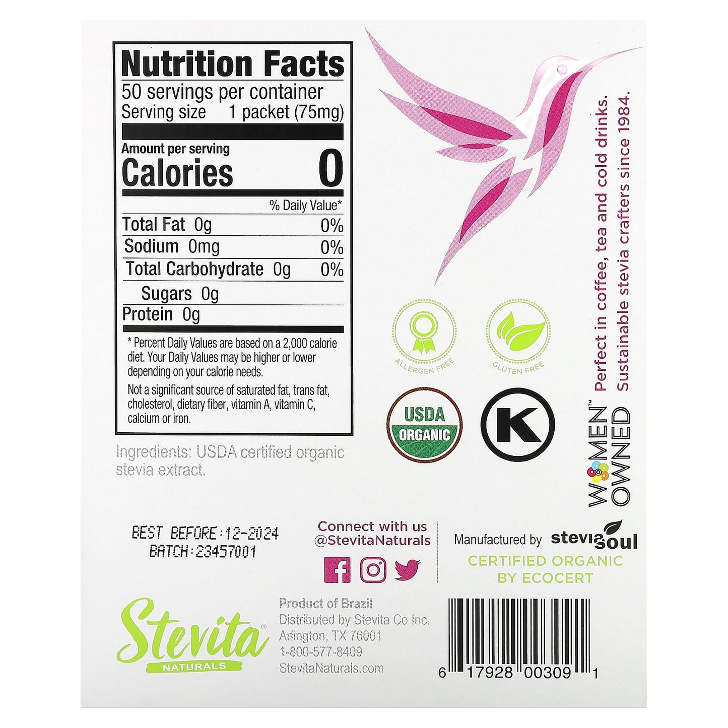 Stevita Naturals, Naturals, Organic Stevia, Extra Sweet, 50 Packets, 0.13 oz (3.75 g)