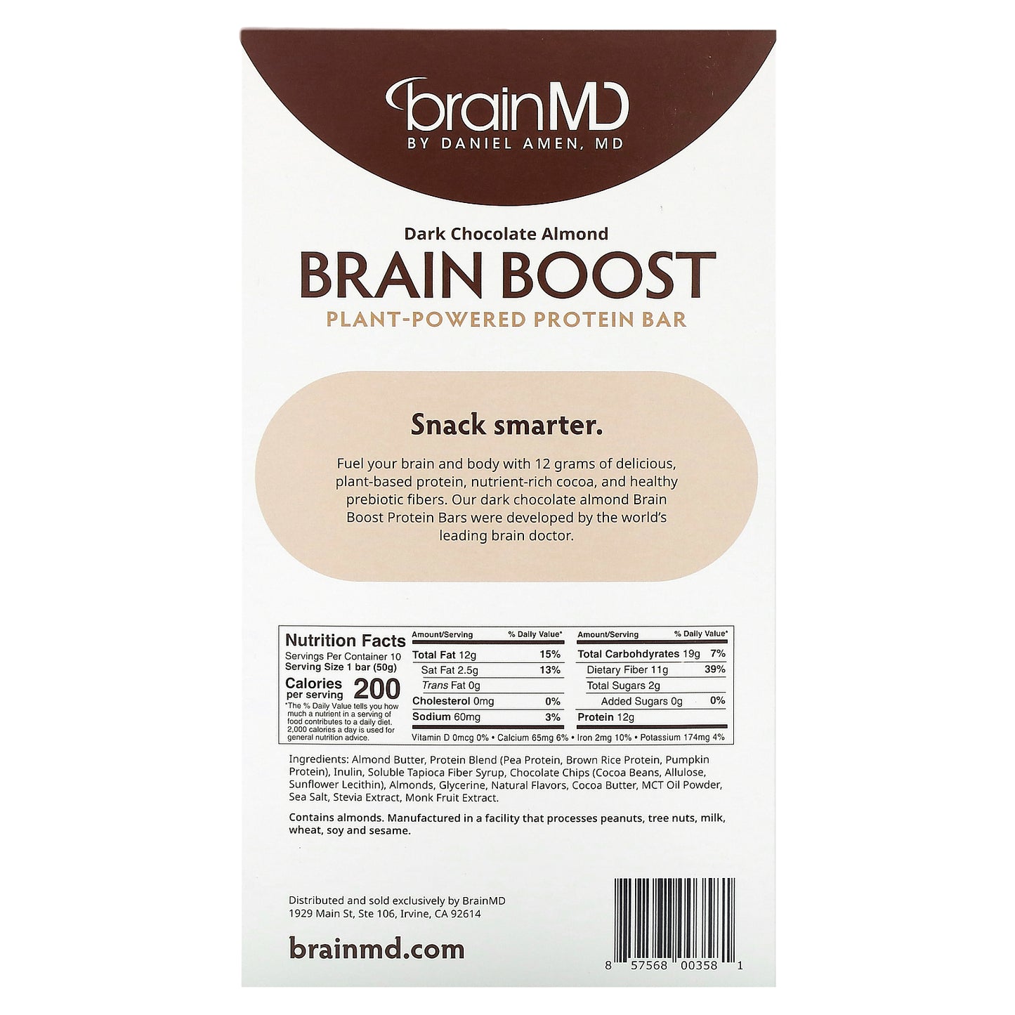 BrainMD, Brain Boost, Plant-Powered Protein Bar, Dark Chocolate Almond, 10 Bars, 1.5 oz (50 g) Each
