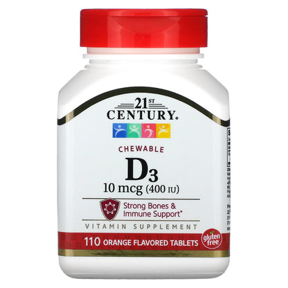 21st Century, Chewable Vitamin D3, Orange, 10 mcg (400 IU), 110 Tablets