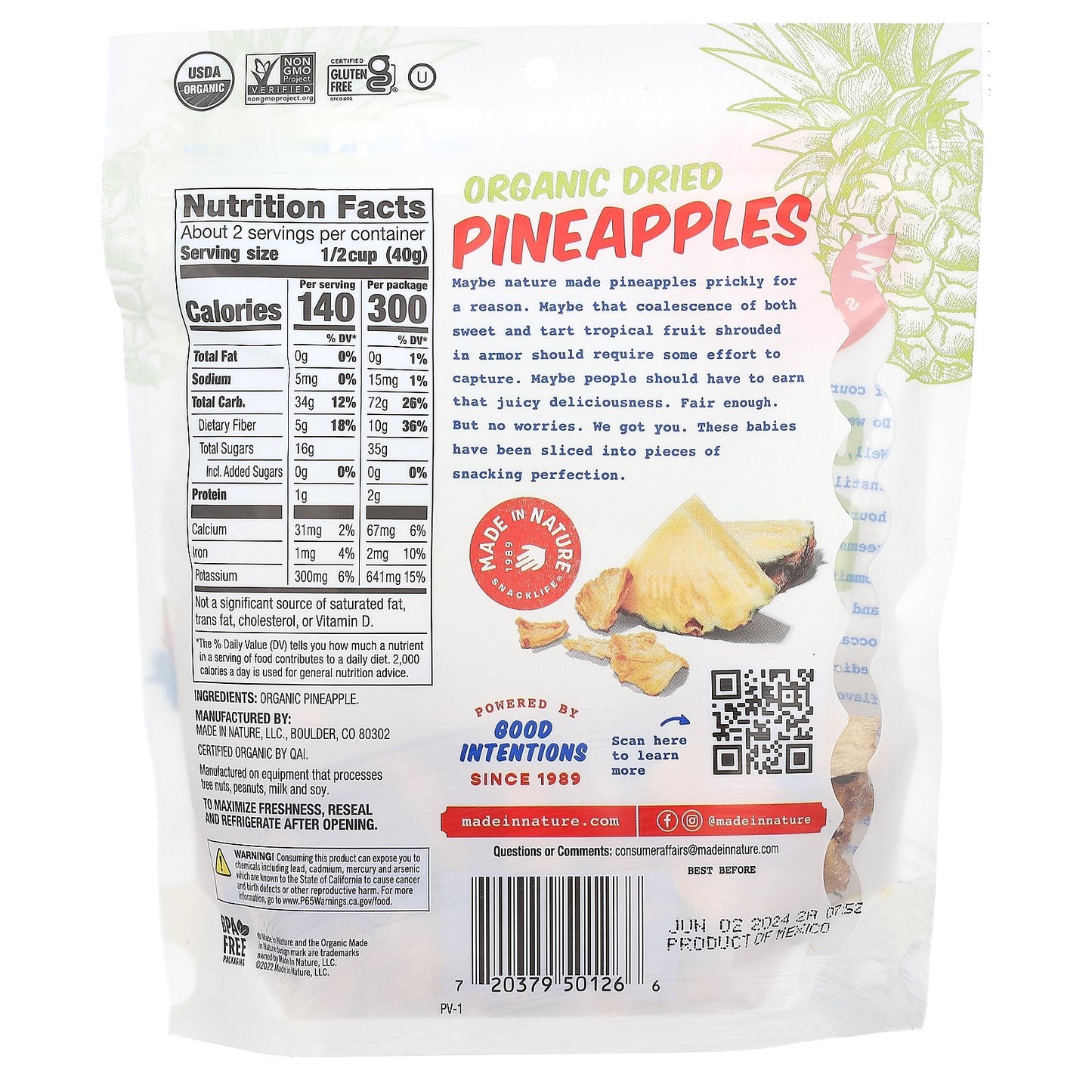 Made in Nature, Organic Dried Pineapple, 3 oz (85 g)