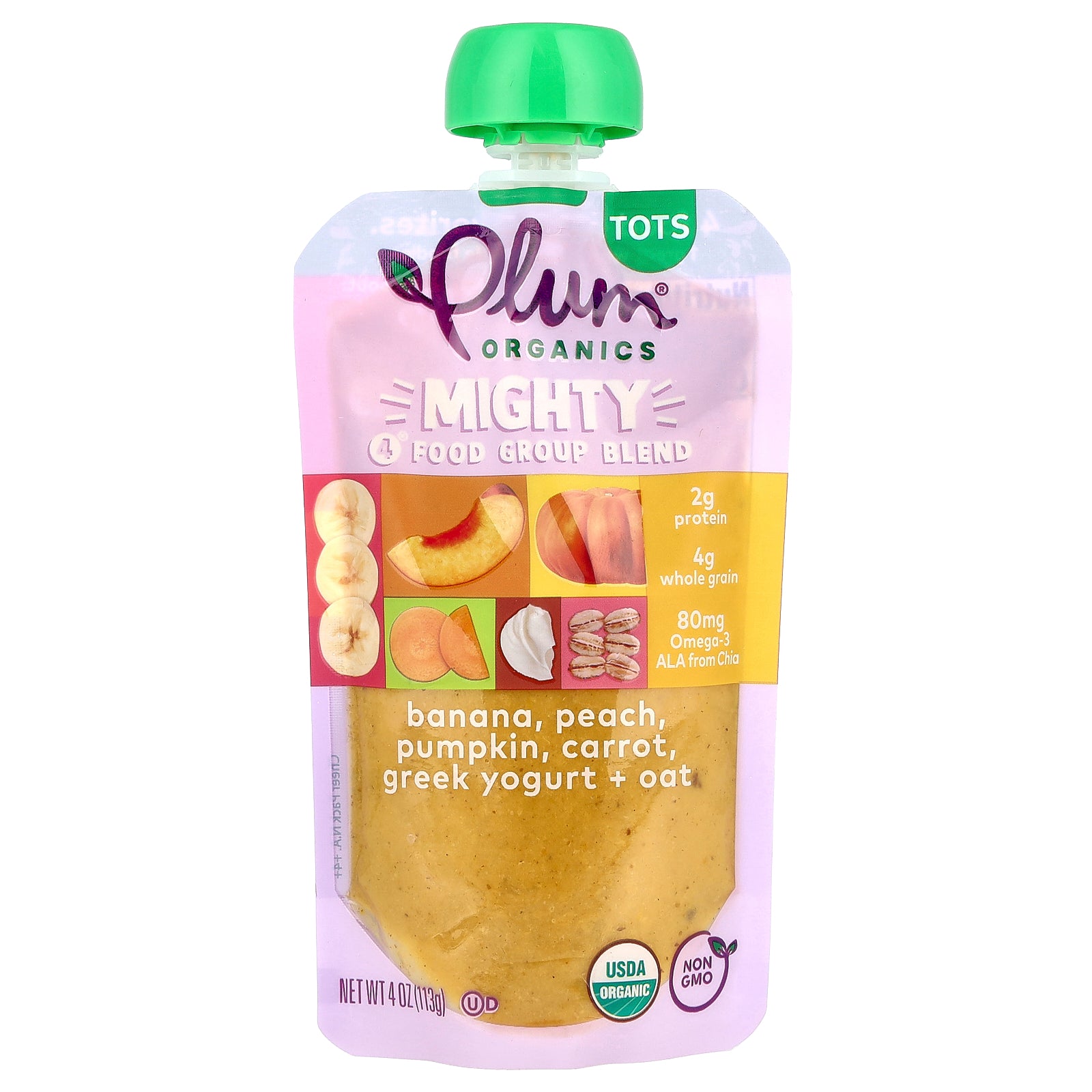 Plum Organics, Tots, Mighty 4®, 4 Food Group Blend, Banana, Peach, Pumpkin, Carrot, Greek Yogurt, Oat, 4 oz (113 g)