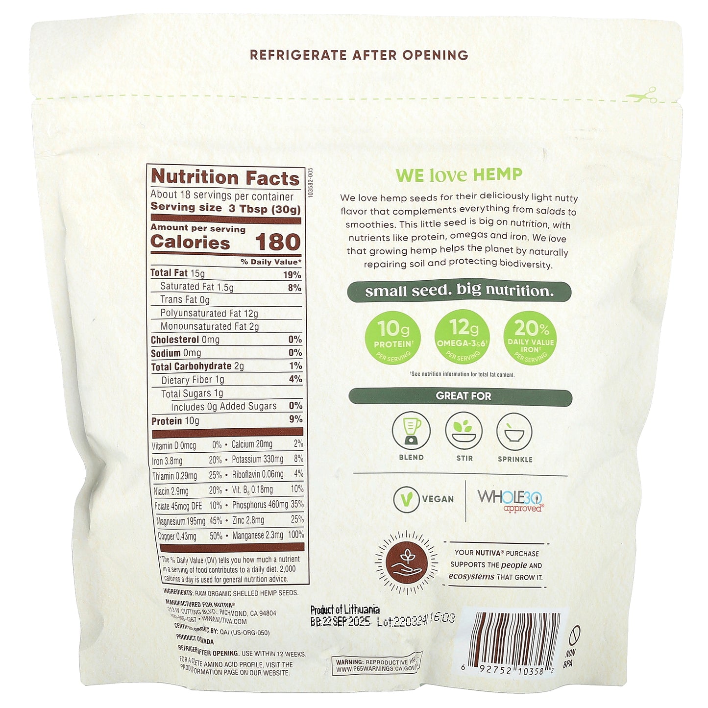 Nutiva, Organic Hemp Seeds, 19 oz (539 g)