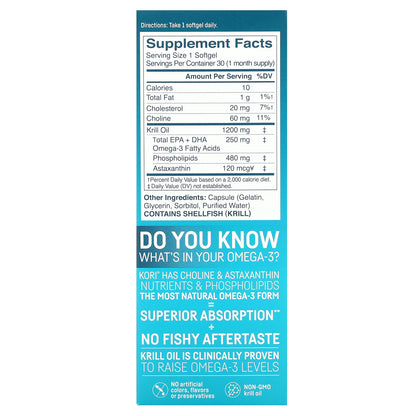 Kori, Pure Antarctic Krill Oil, Multi-Benefit Omega-3, 30 Softgels