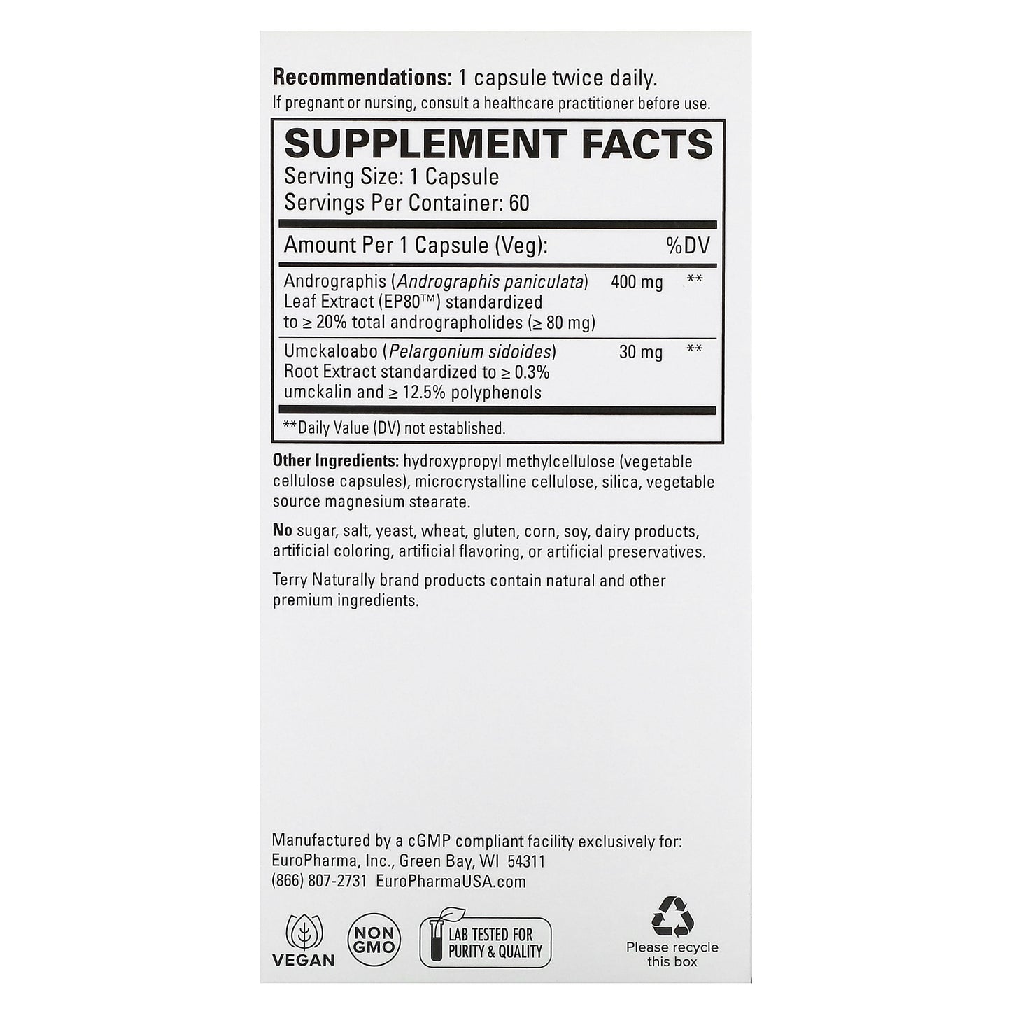 Terry Naturally, Andrographis EP80 with Umckaloabo, 60 Capsules