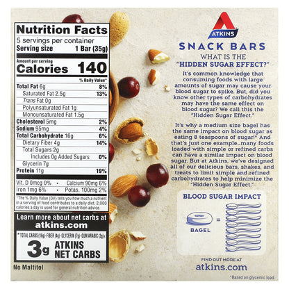 Atkins, Snack, Cranberry Almond Bar, 5 Bars, 1.23 oz (35 g) Each