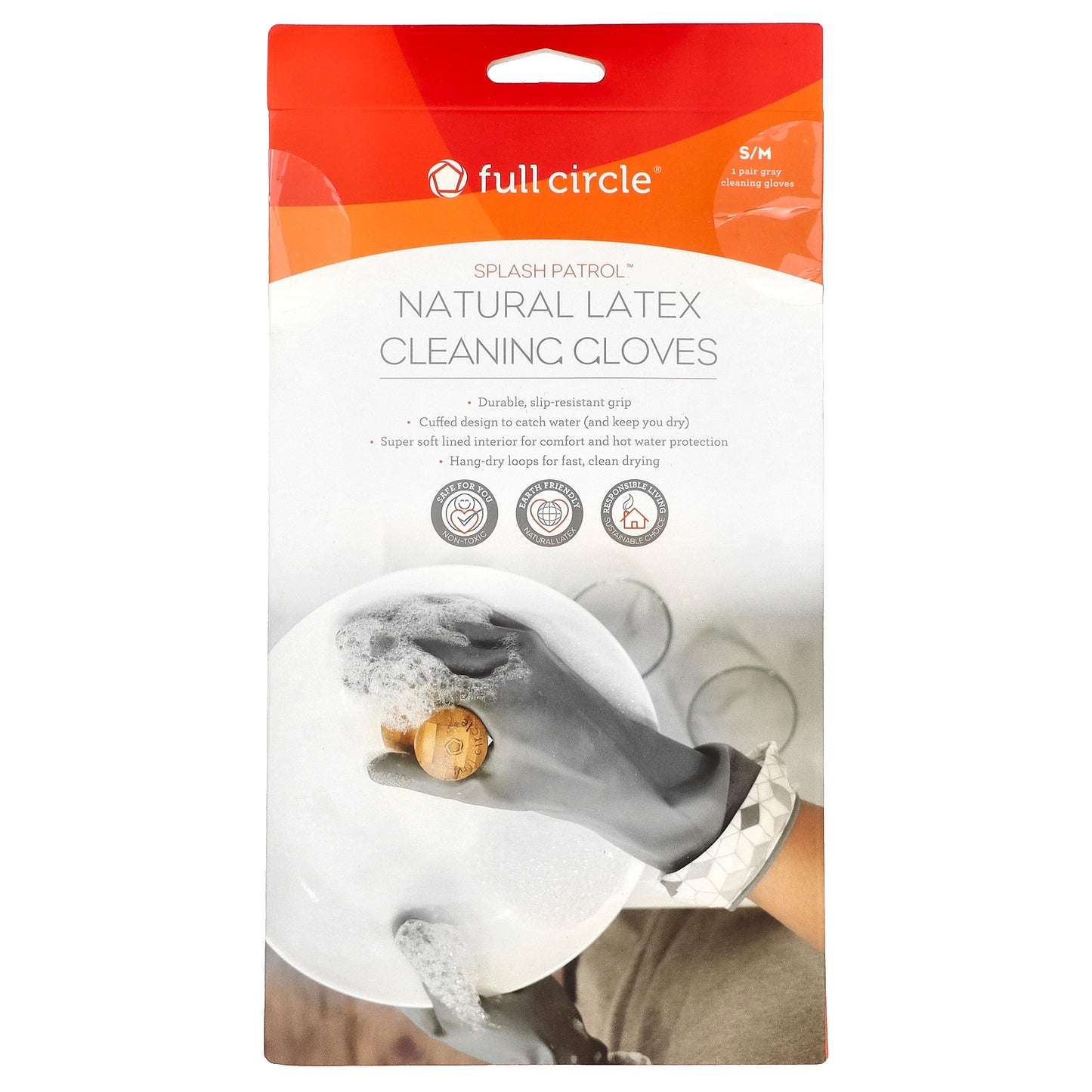 Full Circle, Splash Patrol™, Natural Latex Cleaning Gloves, S/M, Grey, 1 Pair