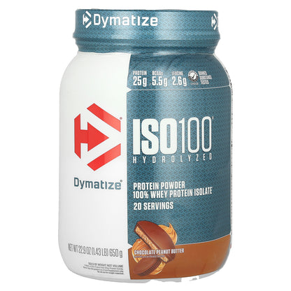 Dymatize, ISO100® Hydrolyzed, 100% Whey Protein Isolate, Chocolate Peanut Butter, 1.43 lb (650 g)