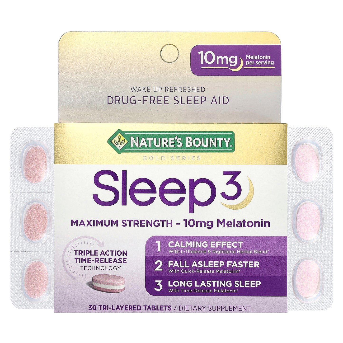 Nature's Bounty, Gold Series, Sleep 3, Maximum Strength, 30 Tri-Layered Tablets