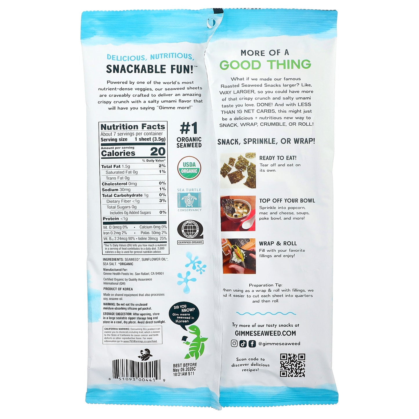 gimMe, Roasted Seaweed, Big Sheets, Sea Salt, 0.92 oz (26 g)