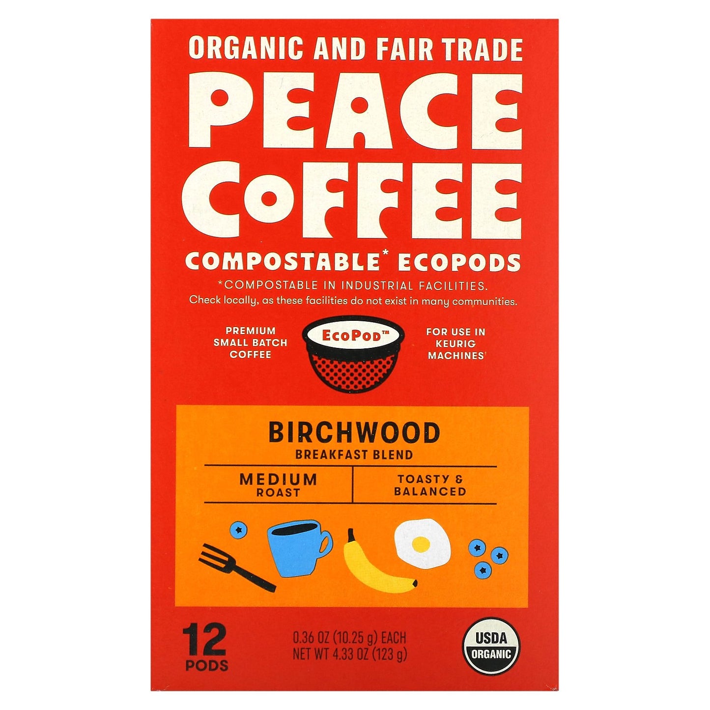 Peace Coffee, Organic Birchwood Breakfast Blend, Medium Roast , 12 Pods, 0.36 oz (10.25 g) Each