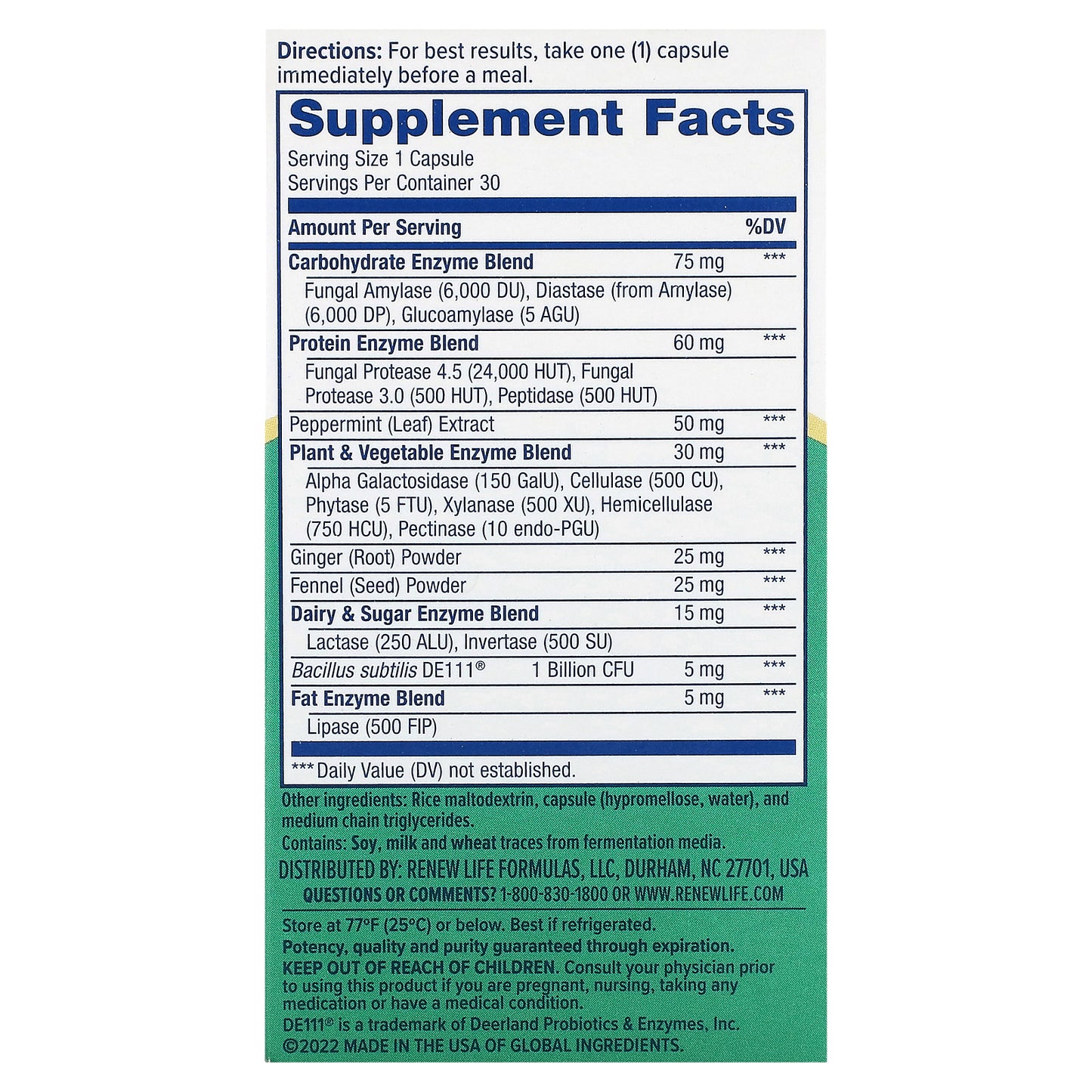 Renew Life, Digestive Duo Probiotic + Enzymes , 30 Vegetarian Capsules