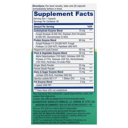 Renew Life, Digestive Duo Probiotic + Enzymes , 30 Vegetarian Capsules