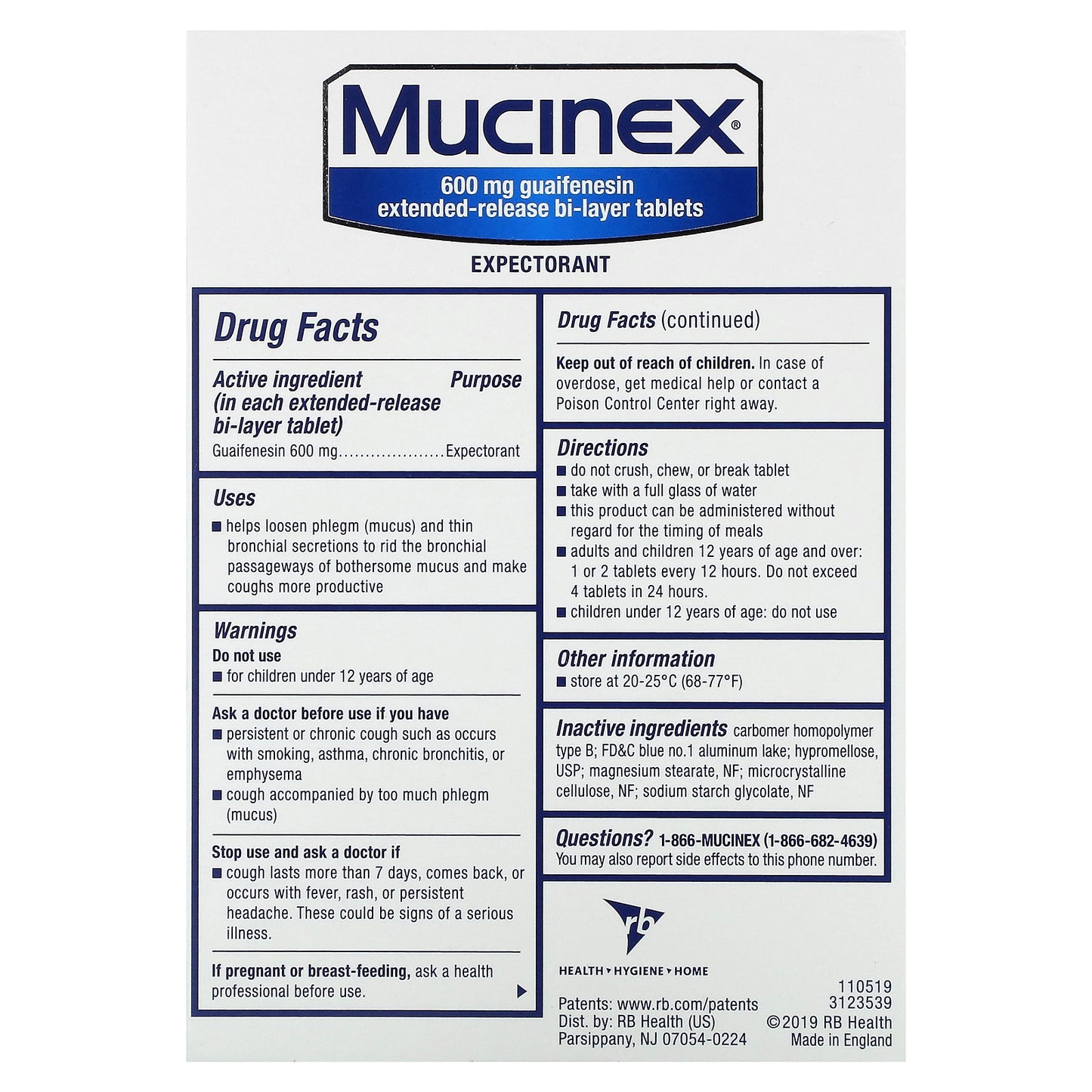 Mucinex, 600 mg, 20 Extended-Release Bi-Layer Tablets