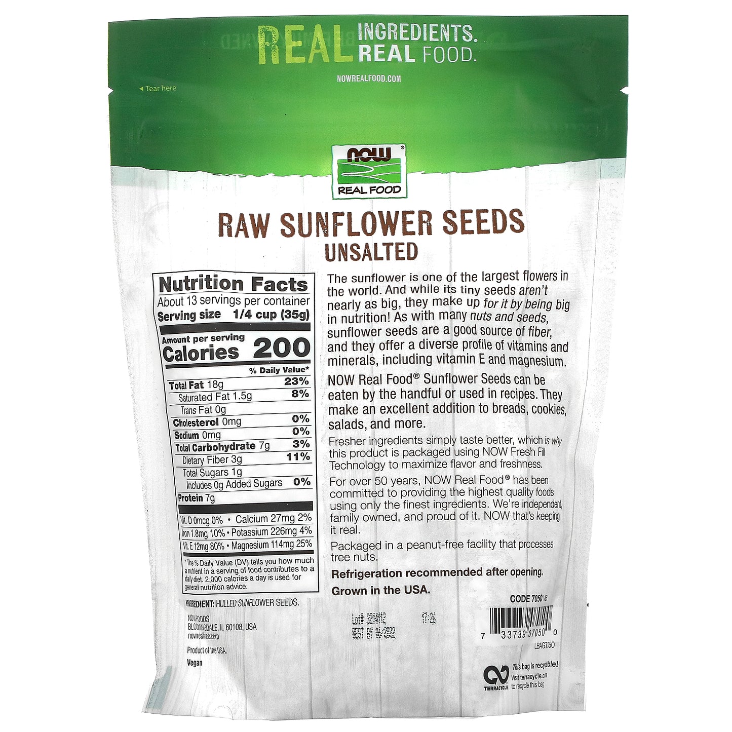 NOW Foods, Real Food, Raw Sunflower Seeds, Unsalted, 16 oz (454 g)