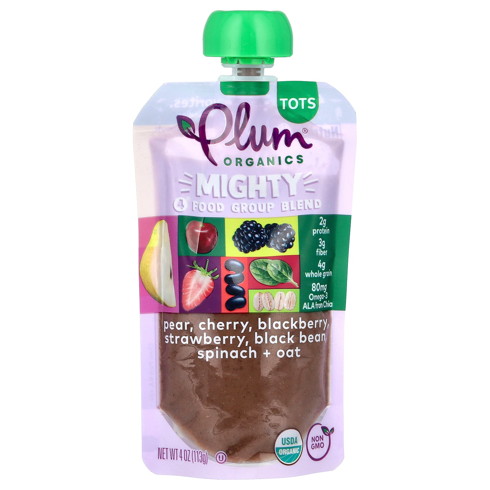 Plum Organics, Mighty 4 Food Group Blend, Tots, Pear, Cherry, Blackberry, Strawberry, Black Bean, Spinach & Oat, 4 oz (113 g)