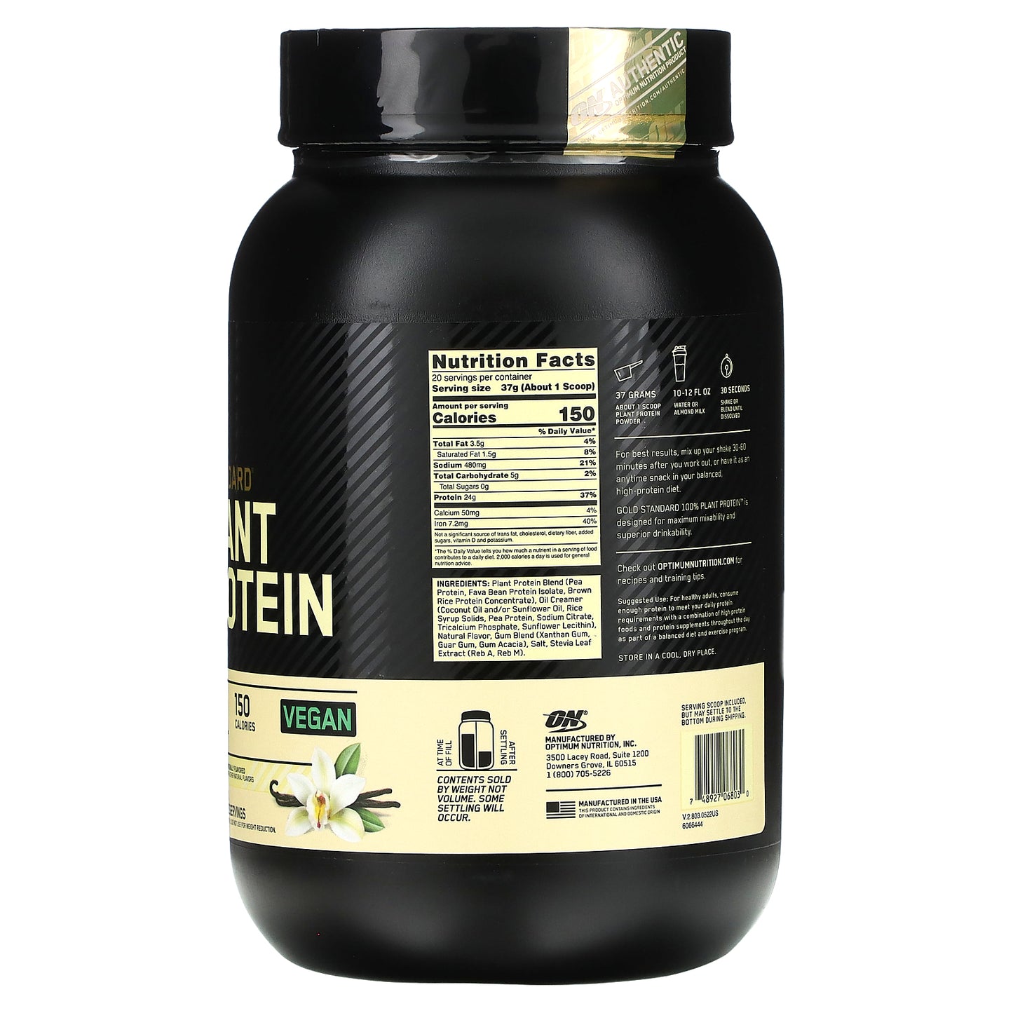 Optimum Nutrition, Gold Standard® 100% Plant Protein, Creamy Vanilla, 1.63 lbs (740 g)