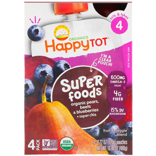 Happy Family Organics, Happy Tot, Super Foods, Stage 4, Organic Pears, Beets & Blueberries + Super Chia, 4 Pack, 4.22 oz (120 g) Each