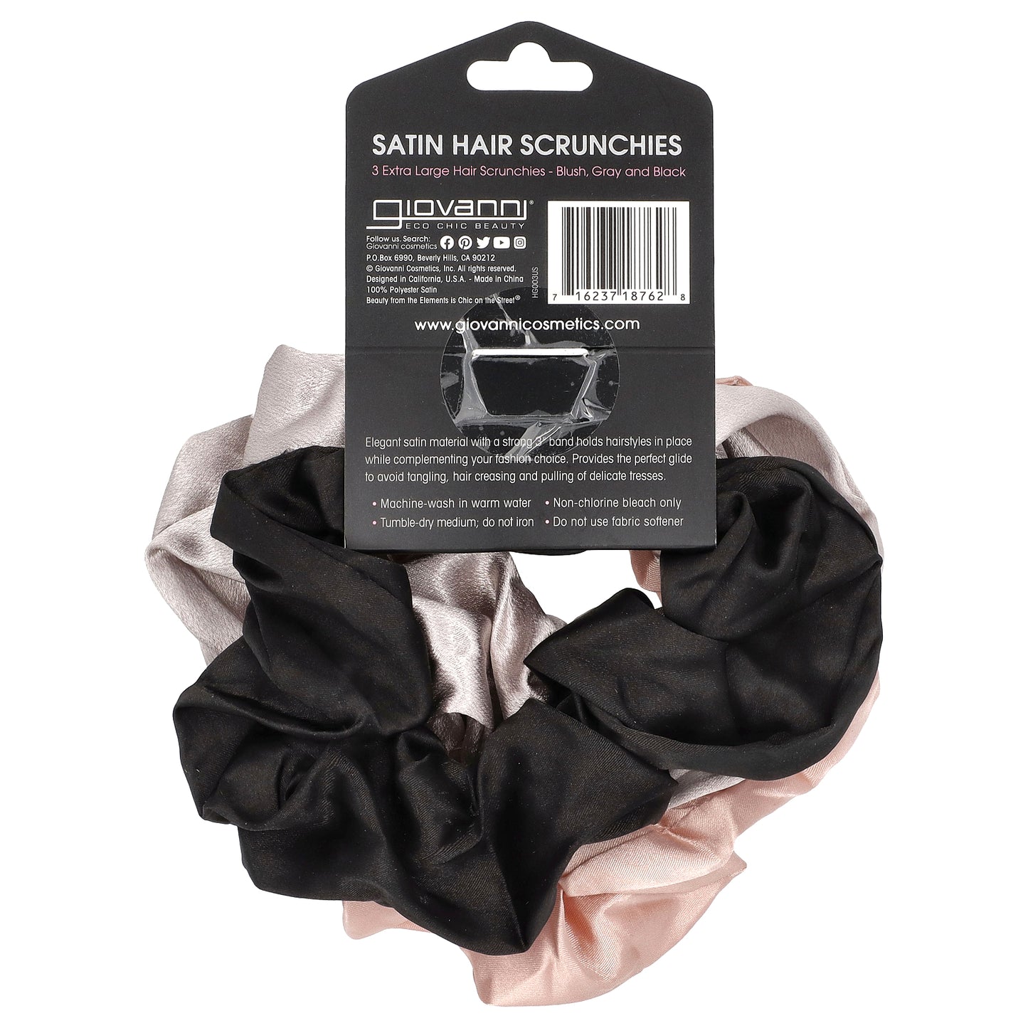 Giovanni, Satin Hair Scrunches, Extra Large, Blush, Gray and Black,  3 Counts