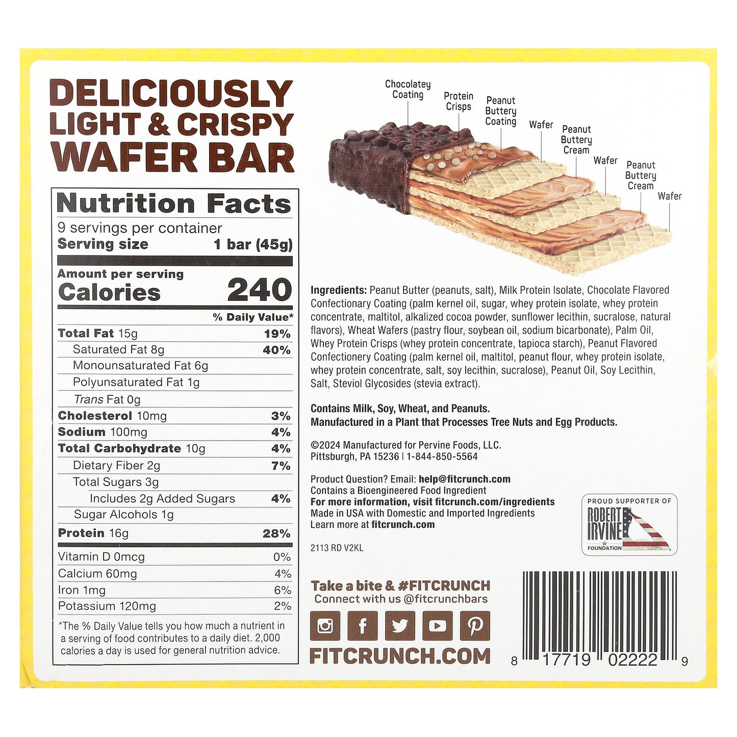 FITCRUNCH, Wafer Protein Bar, Chocolate Peanut Butter, 9 Bars, 1.59 oz (45 g) Each