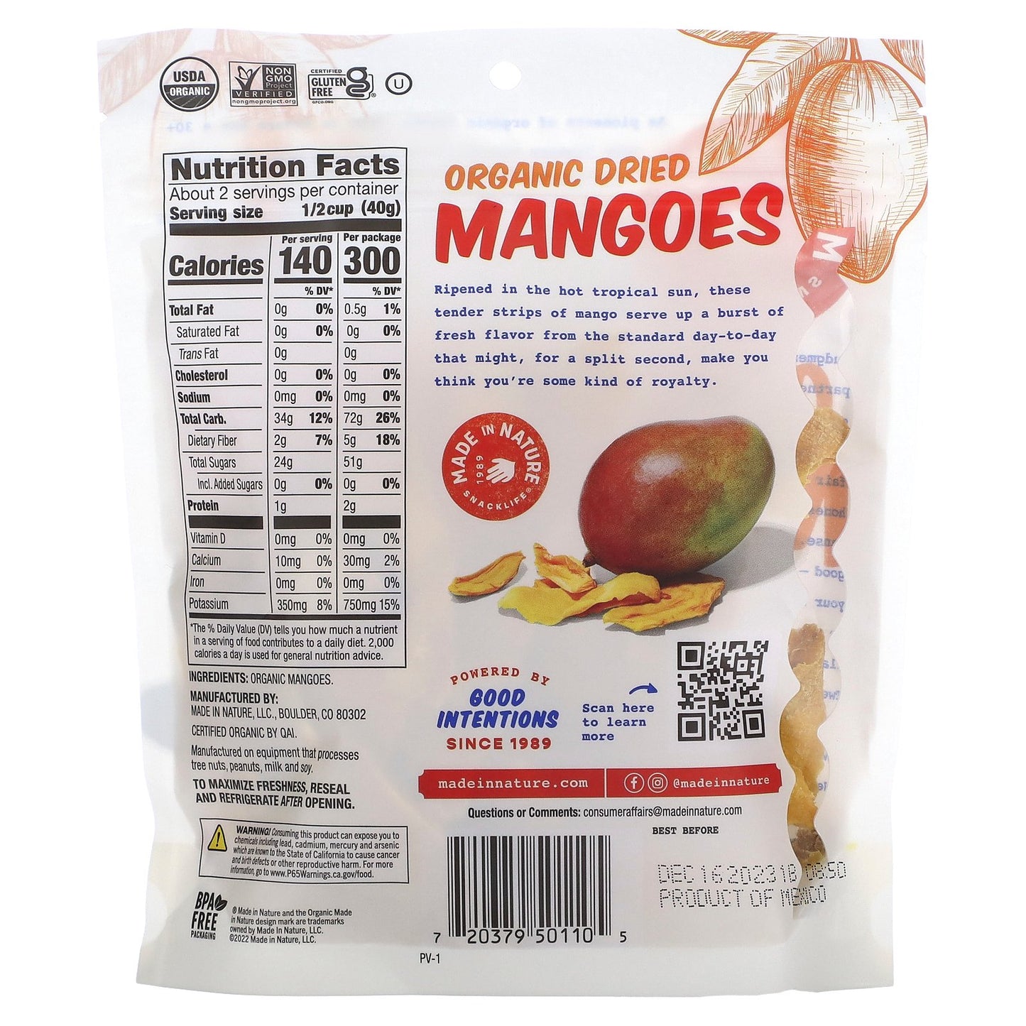 Made in Nature, Organic Dried Mangoes, Sour-Ripened & Unsulfured, 3 oz (85 g)