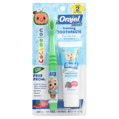 Orajel, Kids, Cocomelon Training Toothpaste with Toothbrush, Fluoride-Free, 0-3 Years, Watermelon, 2 Piece Set, 1 oz (28.3 g)