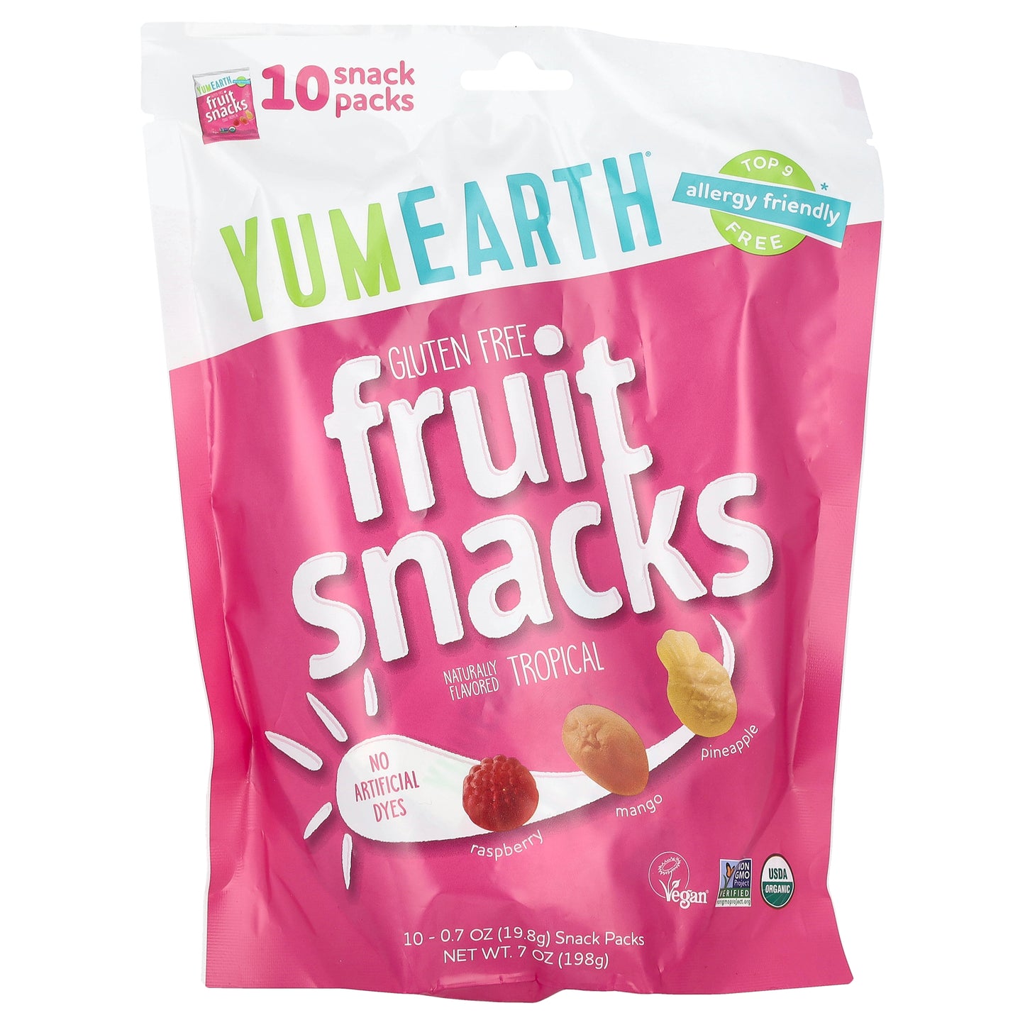 YumEarth, Gluten Free Fruit Snacks, Tropical, 10 Snack Packs, 0.7 oz (19.8 g) Each