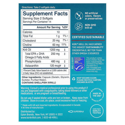 Kori, Pure Antarctic Krill Oil, Multi-Benefit Omega-3, 600 mg, 28 Softgels