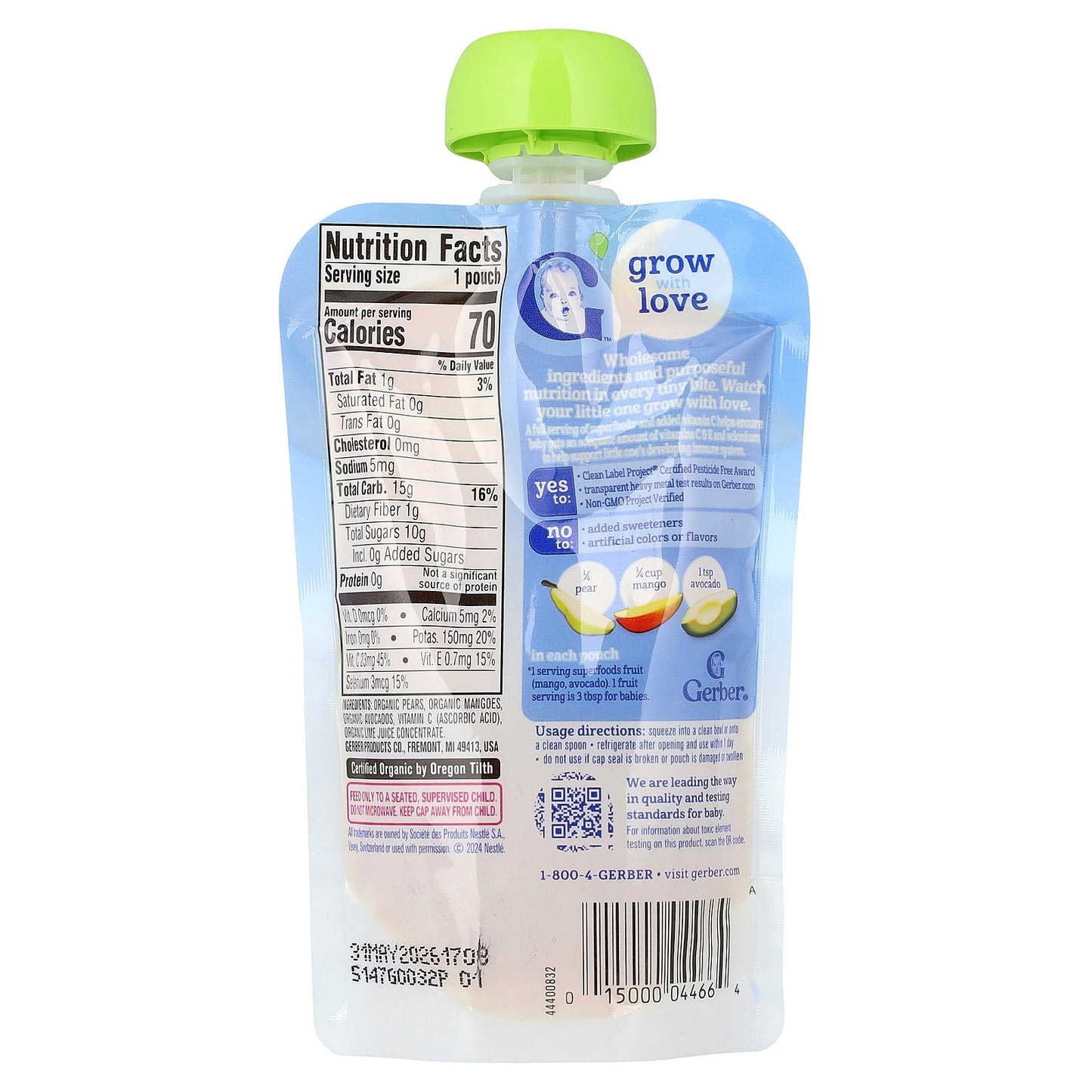 Gerber, Organic Puree, 2nd Foods®, Pear, Mango, Avocado, 3.5 oz (99 g)