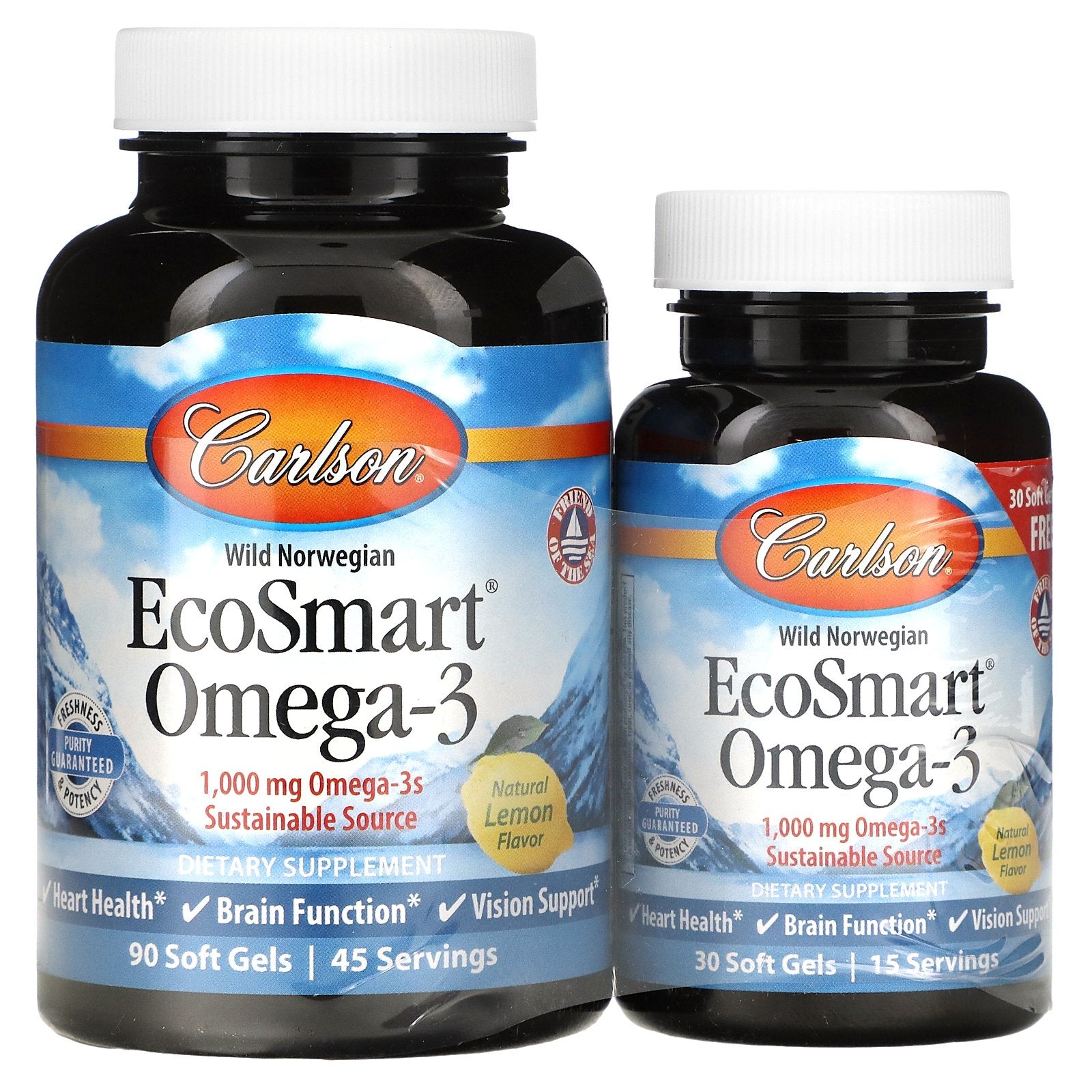 Carlson, Wild Norwegian, EcoSmart Omega-3, Natural Lemon, 1,000 mg, 90 + 30 Soft Gels (500 mg per Soft Gel)