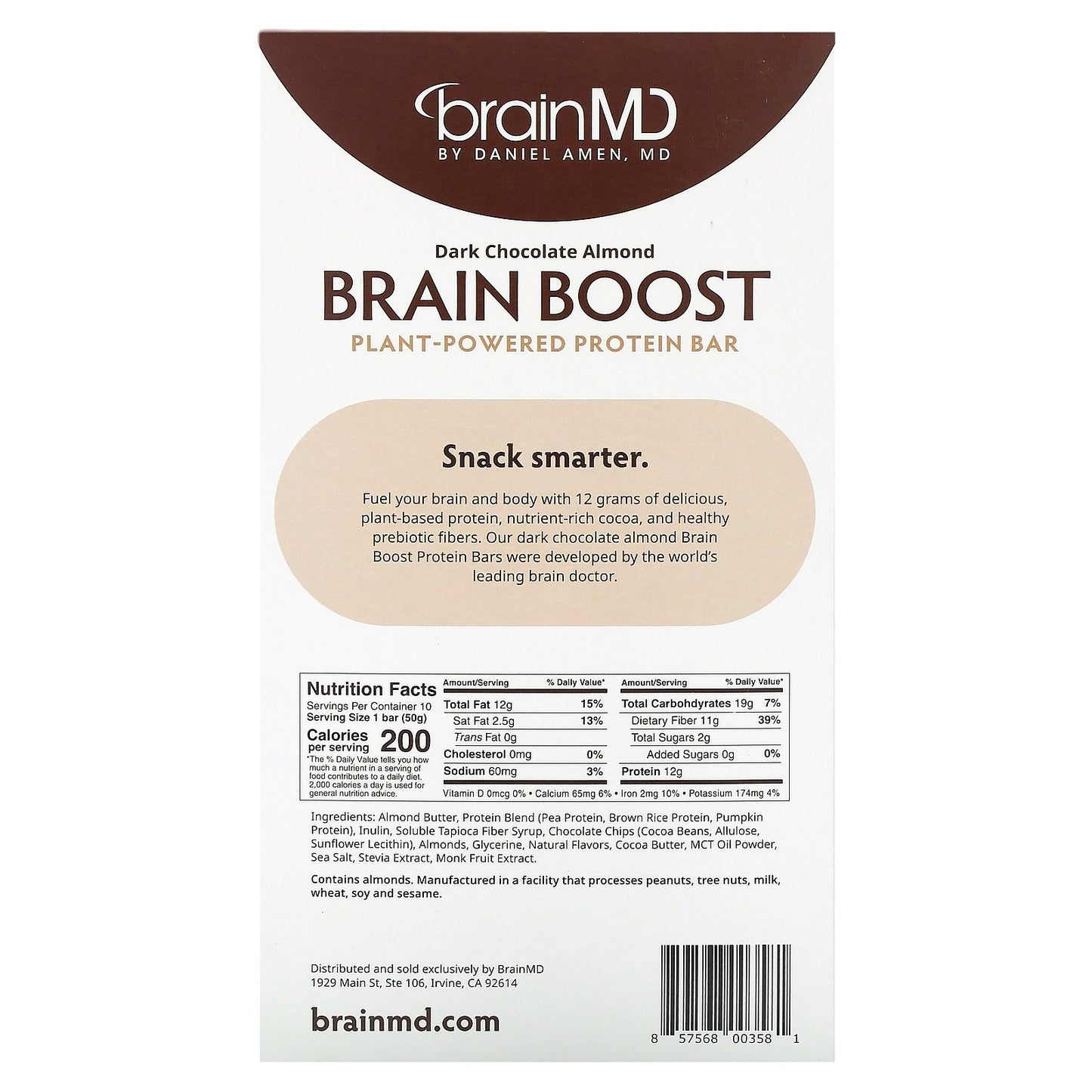 BrainMD, Brain Boost, Plant-Powered Protein Bar, Dark Chocolate Almond, 10 Bars, 1.5 oz (50 g) Each