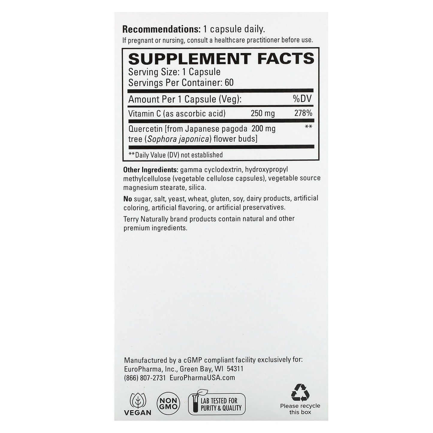 Terry Naturally, Quercetin with Vitamin C, 60 Capsules