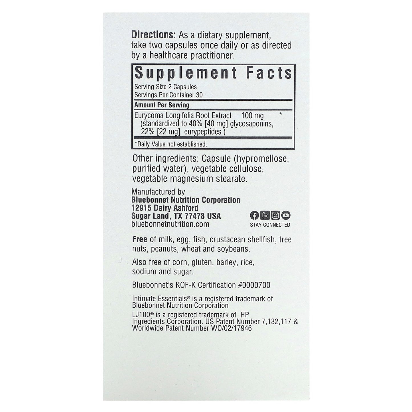 Bluebonnet Nutrition, Intimate Essentials, Lj100, 60 Vegetable Capsules (50 mg per Capsule)