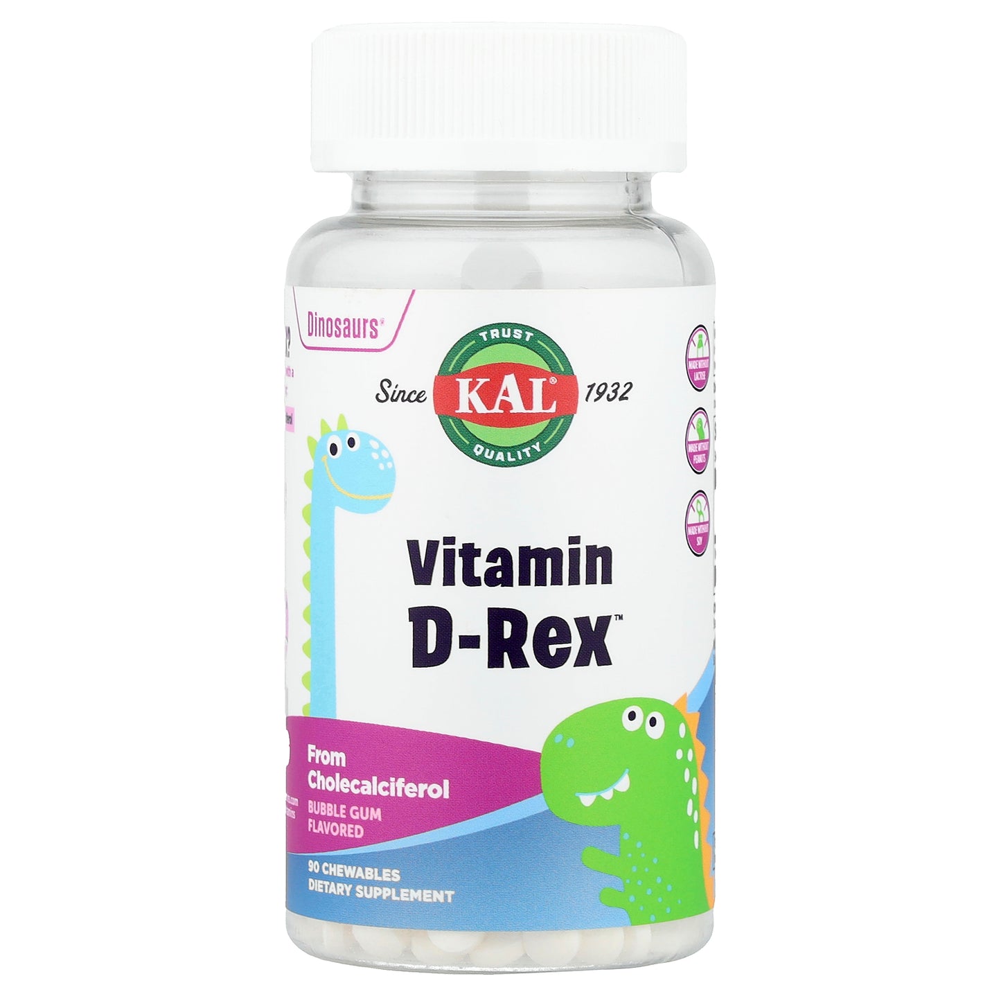 KAL, Dinosaurs®, Vitamin D-Rex™, Bubble Gum, 90 Chewables (10 mcg  per Chewable)