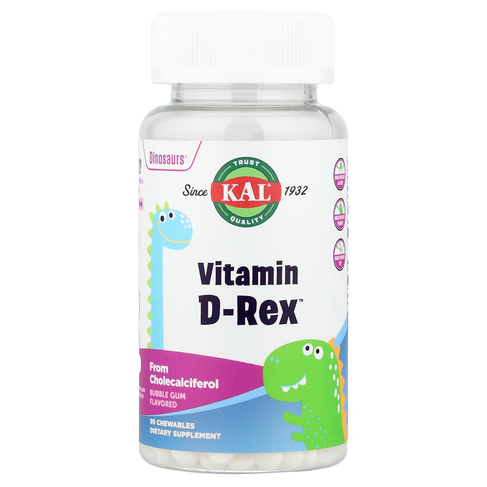 KAL, Dinosaurs®, Vitamin D-Rex™, Bubble Gum, 90 Chewables (10 mcg  per Chewable)