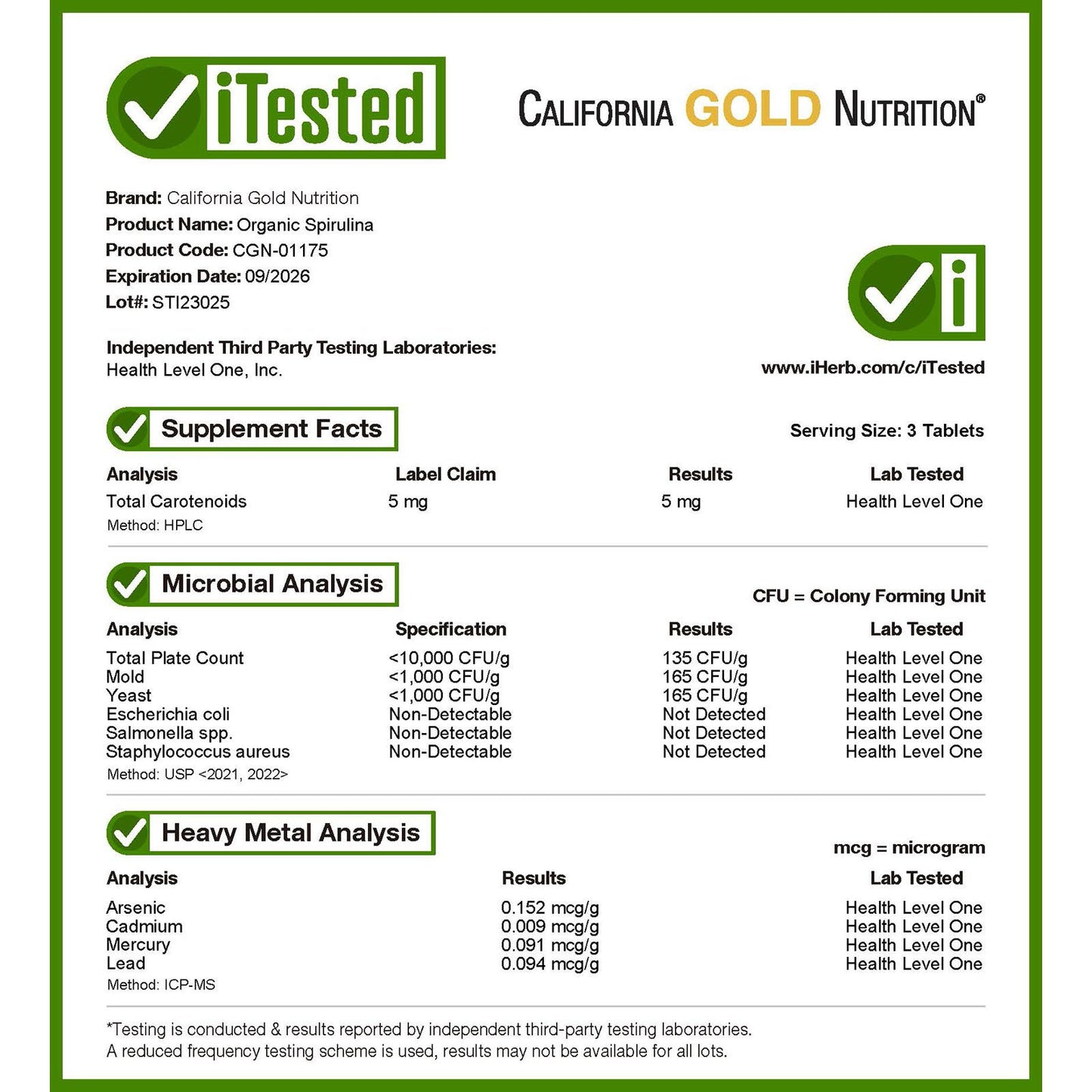 California Gold Nutrition, Organic Spirulina, 1,500 mg, 60 Tablets (500 mg per Tablet)