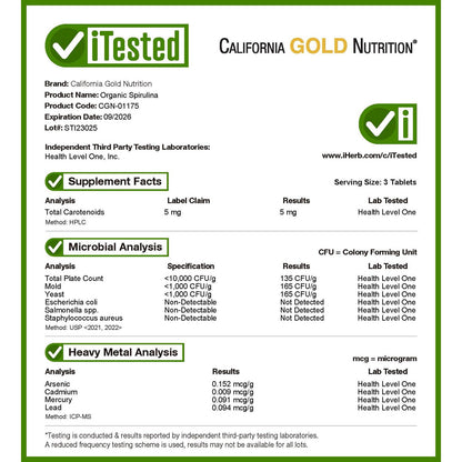 California Gold Nutrition, Organic Spirulina, 1,500 mg, 60 Tablets (500 mg per Tablet)