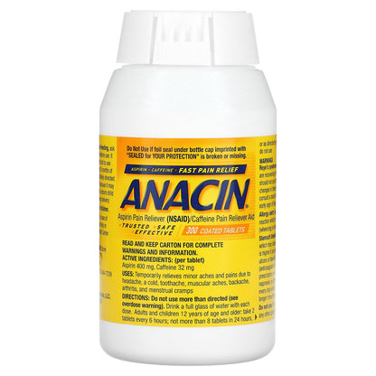 Anacin, Aspirin + Caffeine Pain Reliever, 300 Coated Tablets