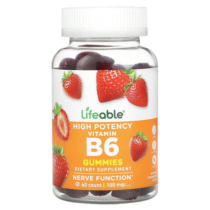 Lifeable, High Potency Vitamin B6 Gummies, Natural Strawberry, 60 Gummies (50 mg per Gummy)
