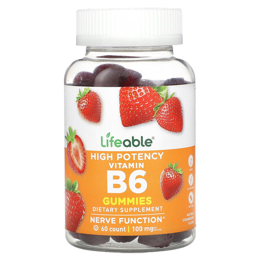 Lifeable, High Potency Vitamin B6 Gummies, Natural Strawberry, 60 Gummies (50 mg per Gummy)