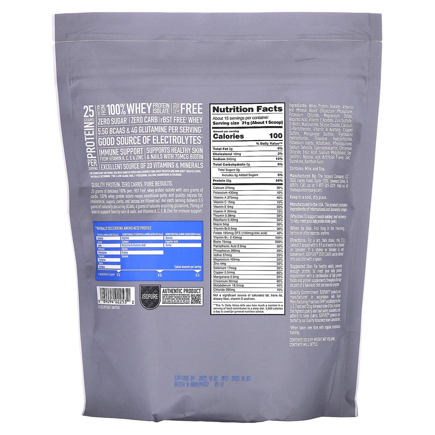 Isopure, Zero Carb Protein Powder, Creamy Vanilla, 1 lb (454 g)