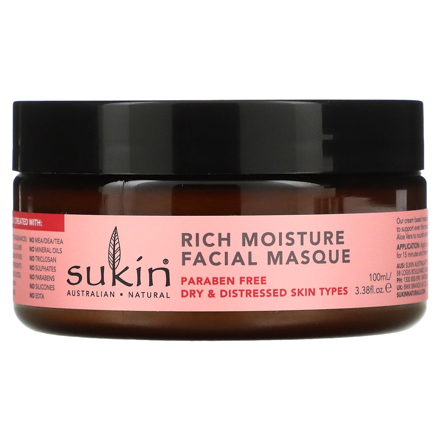 Sukin, Rich Moisture Facial Masque, Rosehip, 3.38 fl oz (100 ml)