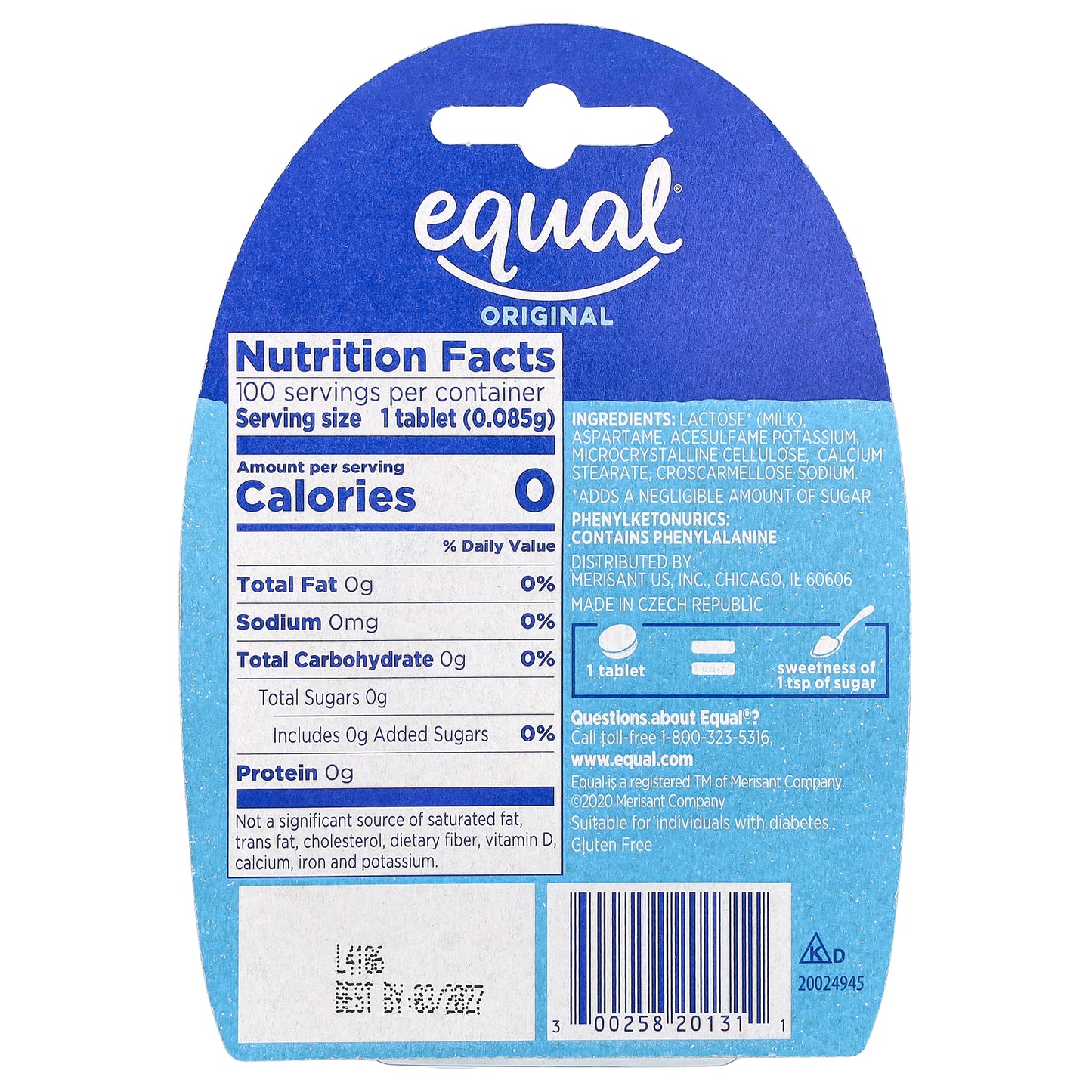 Equal, Zero Calorie Sweetener, Original, 100 Tablets