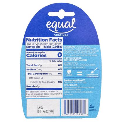 Equal, Zero Calorie Sweetener, Original, 100 Tablets