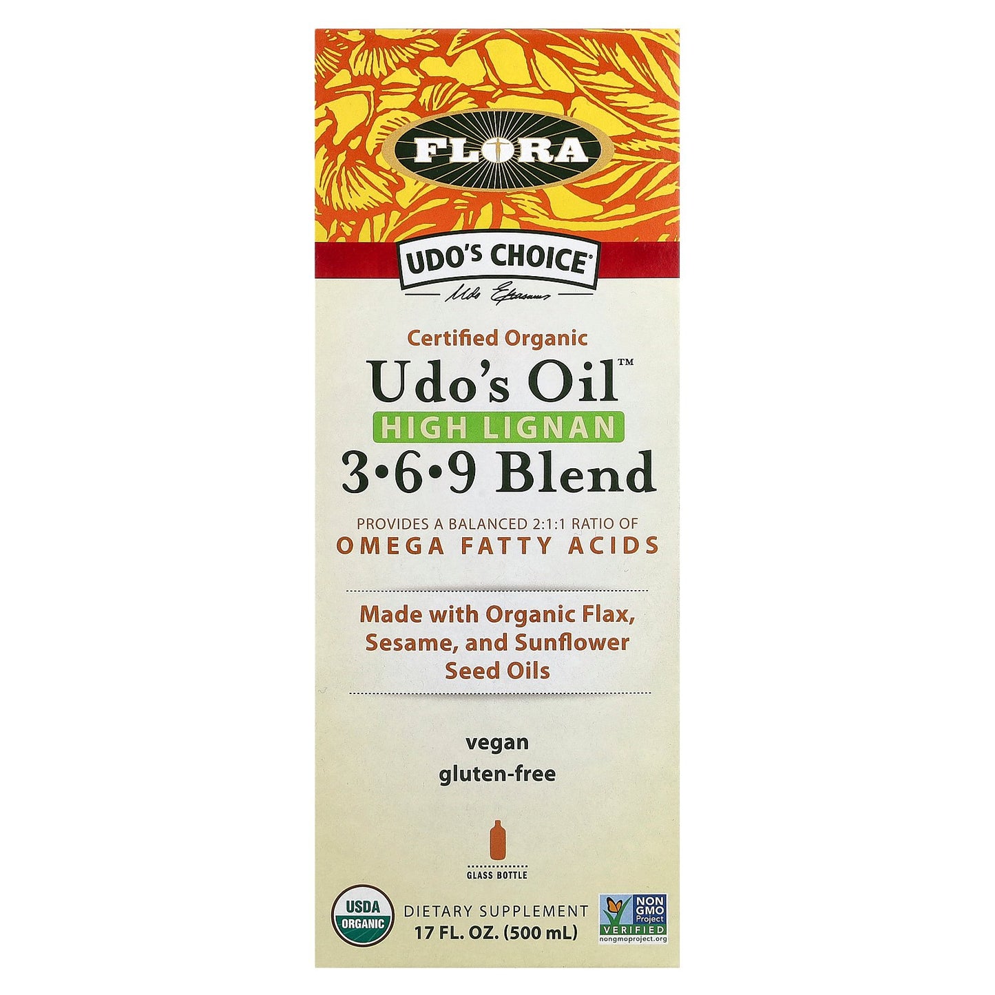 Flora, Udo's Choice, Certified Organic Udo's Oil, High Lignan 3-6-9 Blend, 17 fl oz (500 ml)