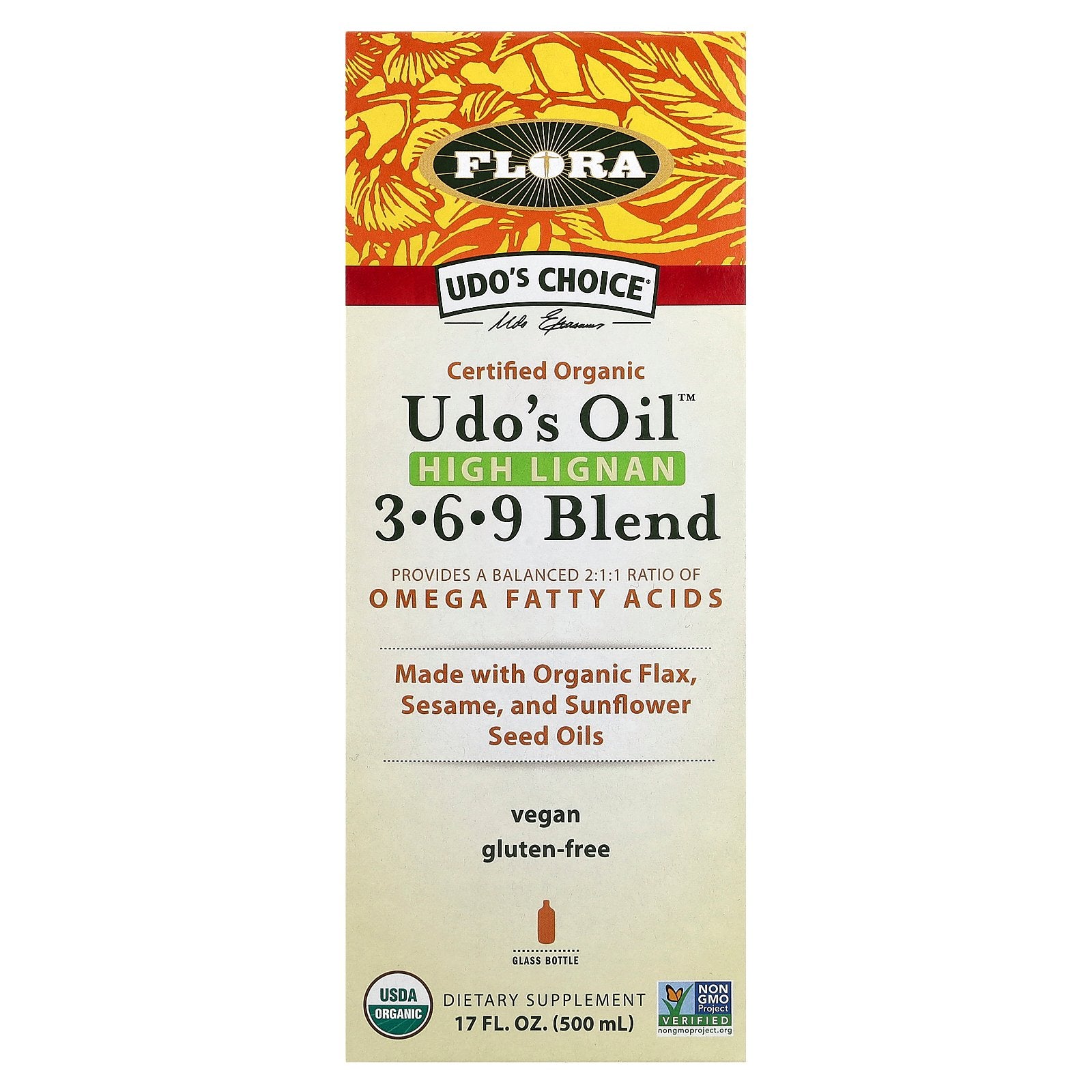 Flora, Udo's Choice, Certified Organic Udo's Oil, High Lignan 3-6-9 Blend, 17 fl oz (500 ml)