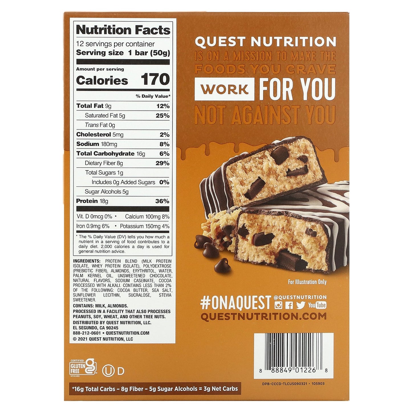 Quest Nutrition, Dipped Protein Bar, Chocolate Chip Cookie Dough, 12 Bars, 1.76 oz (50 g) Each