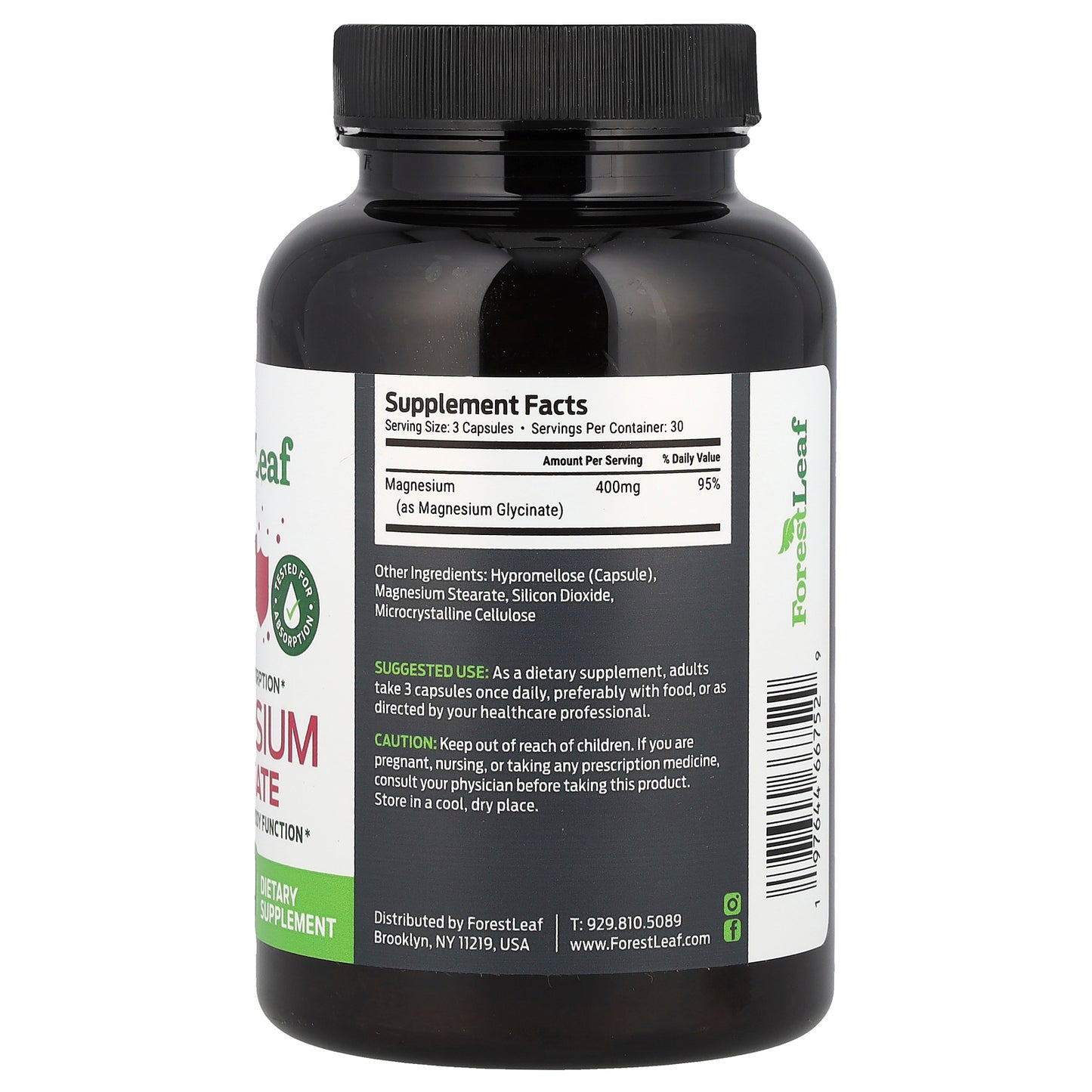 Forest Leaf, Magnesium Glycinate, Maximum Absorption, 400 mg, 90 Vegetable Capsules (133.3 mg per Capsule)