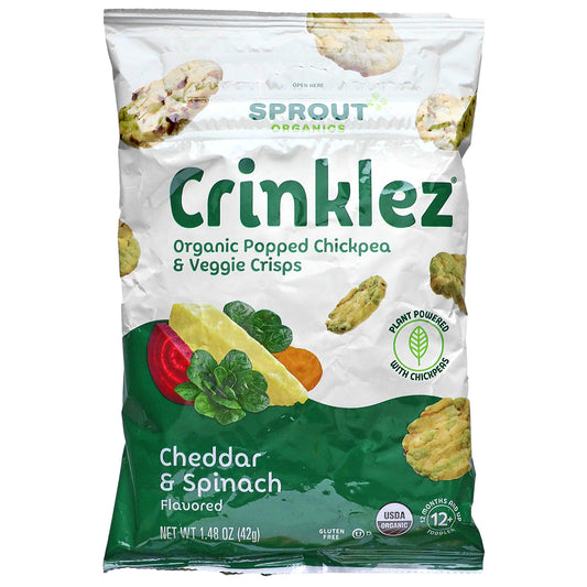 Sprout Organics, Crinklez, Organic Popped Chickpea & Veggie Crisp, 12 Months & Up, Cheddar & Spinach, 1.48 oz (42 g)