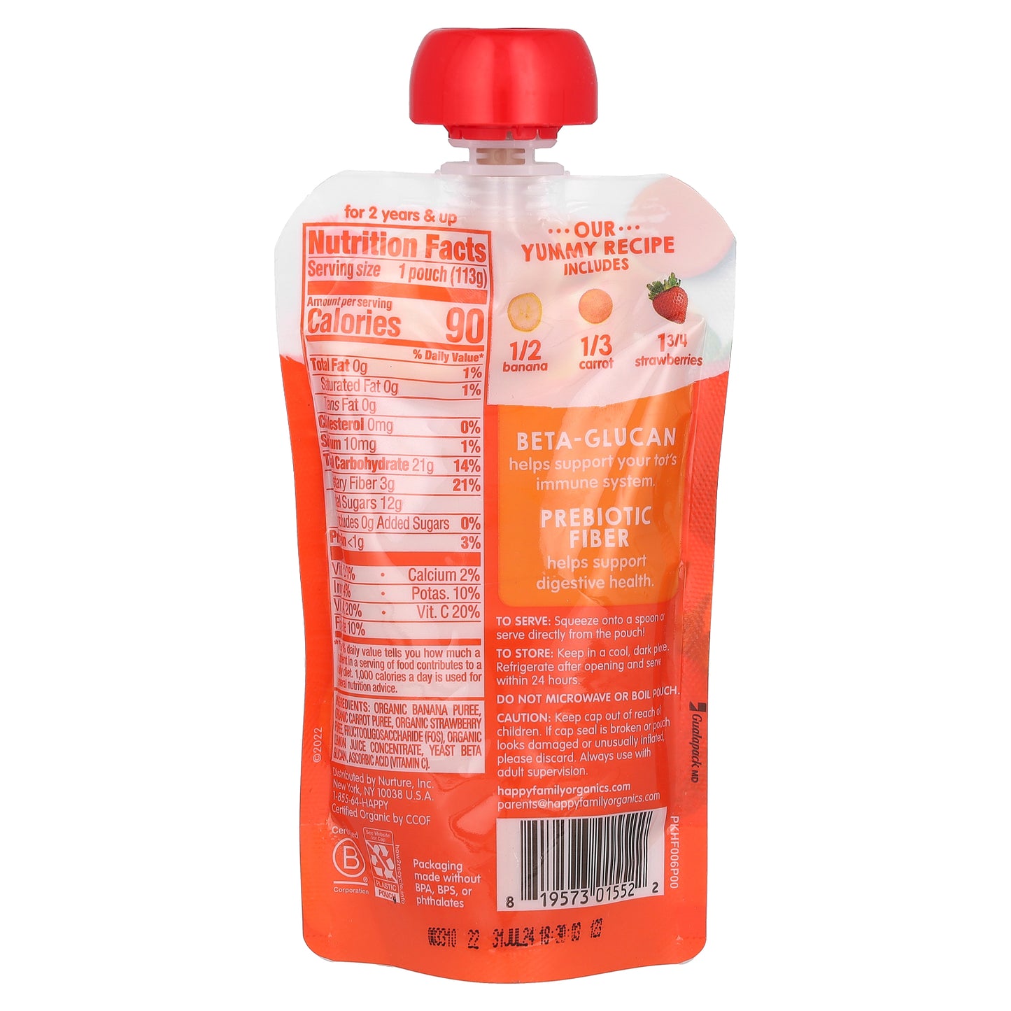 Happy Family Organics, Happy Tot®, Super Bellies™, For 2+ Years, Organic Bananas, Carrots & Strawberries, 4 oz (113 g)